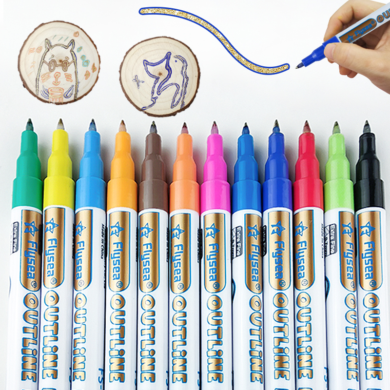 Huahuanghui Contourstift, 12 kleuren, permanente marker om te schilderen, contourstiften, dubbele lijnstiften, magische markers, contourstiften (12